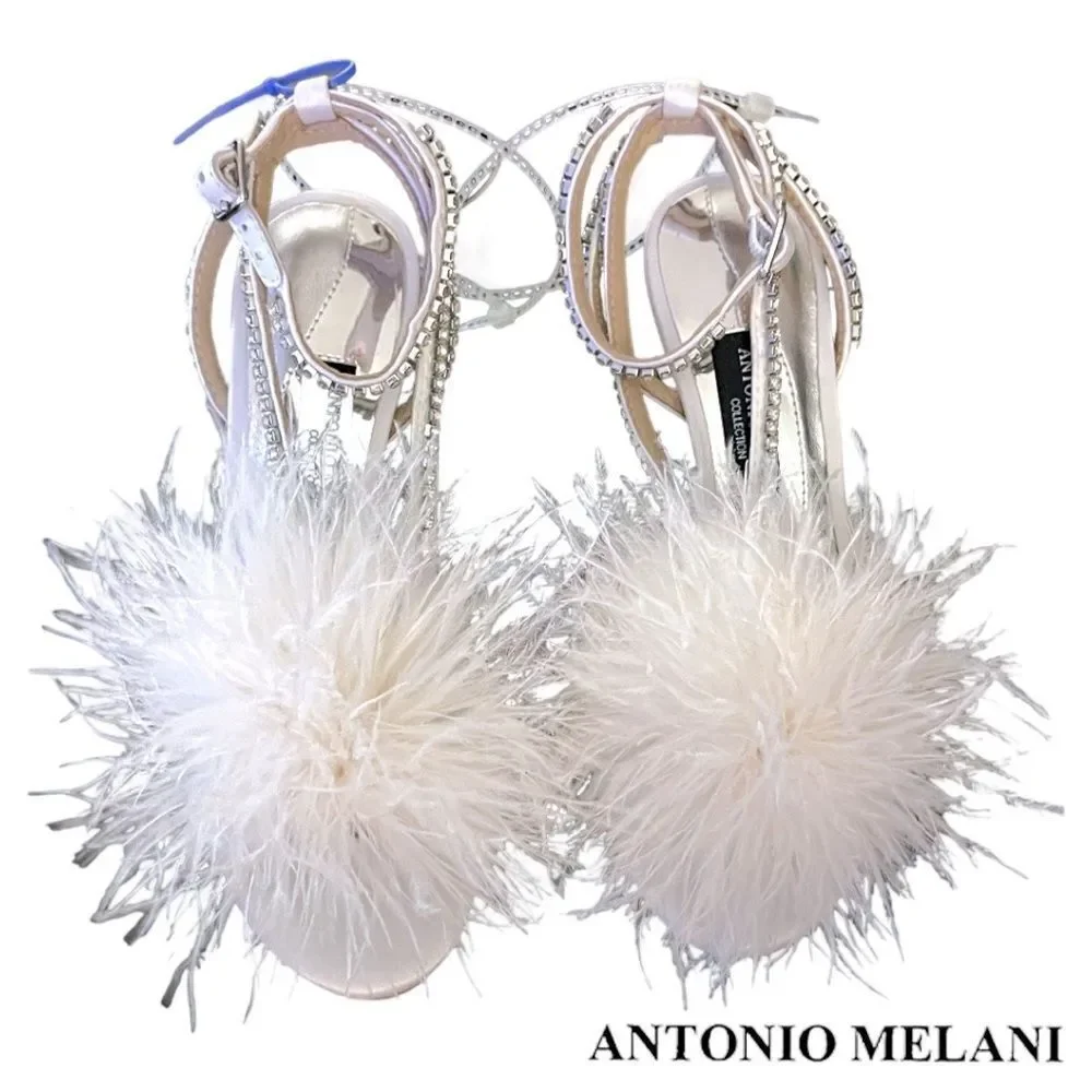 Antonio Melani AURORA Feathered Dress Sandal Rhinestones Ankle Wrap Strap